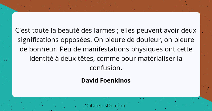 C'est toute la beauté des larmes ; elles peuvent avoir deux significations opposées. On pleure de douleur, on pleure de bonheur... - David Foenkinos