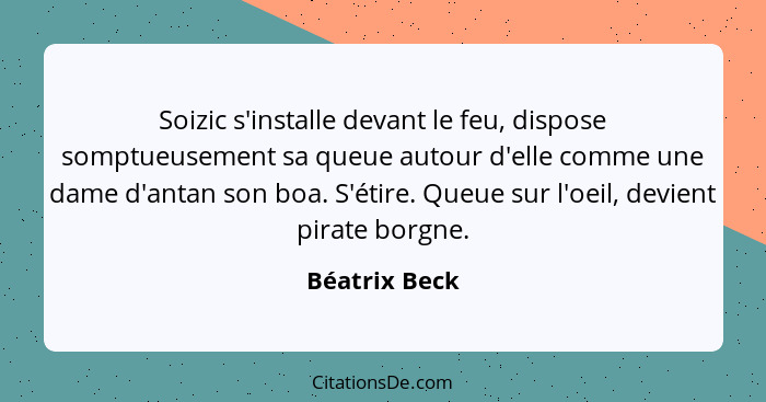 Soizic s'installe devant le feu, dispose somptueusement sa queue autour d'elle comme une dame d'antan son boa. S'étire. Queue sur l'oei... - Béatrix Beck