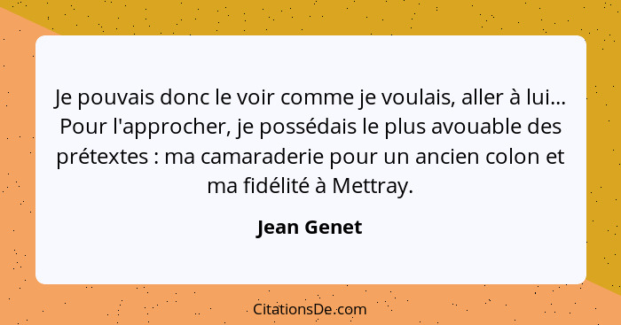 Je pouvais donc le voir comme je voulais, aller à lui... Pour l'approcher, je possédais le plus avouable des prétextes : ma camarade... - Jean Genet