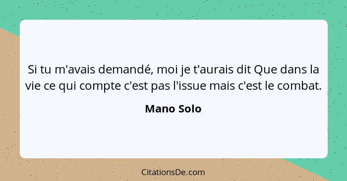 Si tu m'avais demandé, moi je t'aurais dit Que dans la vie ce qui compte c'est pas l'issue mais c'est le combat.... - Mano Solo