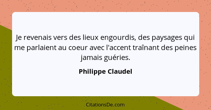 Je revenais vers des lieux engourdis, des paysages qui me parlaient au coeur avec l'accent traînant des peines jamais guéries.... - Philippe Claudel