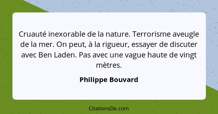 Cruauté inexorable de la nature. Terrorisme aveugle de la mer. On peut, à la rigueur, essayer de discuter avec Ben Laden. Pas avec... - Philippe Bouvard