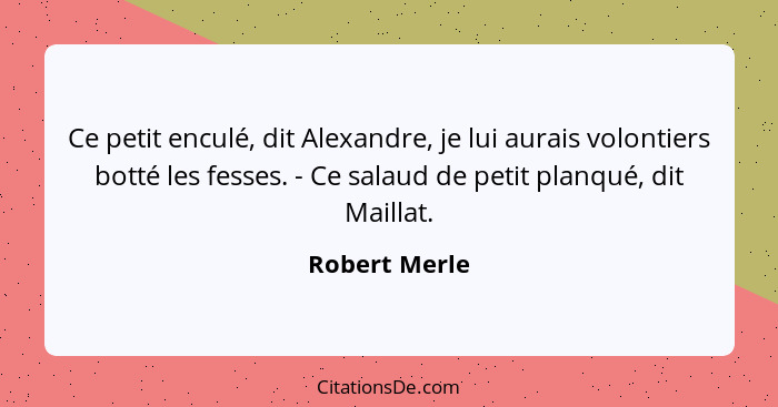 Ce petit enculé, dit Alexandre, je lui aurais volontiers botté les fesses. - Ce salaud de petit planqué, dit Maillat.... - Robert Merle