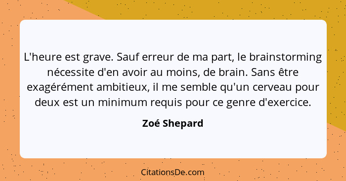 L'heure est grave. Sauf erreur de ma part, le brainstorming nécessite d'en avoir au moins, de brain. Sans être exagérément ambitieux, il... - Zoé Shepard