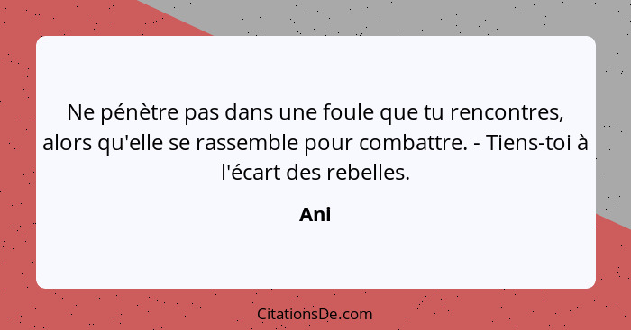 Ne pénètre pas dans une foule que tu rencontres, alors qu'elle se rassemble pour combattre. - Tiens-toi à l'écart des rebelles.... - Ani