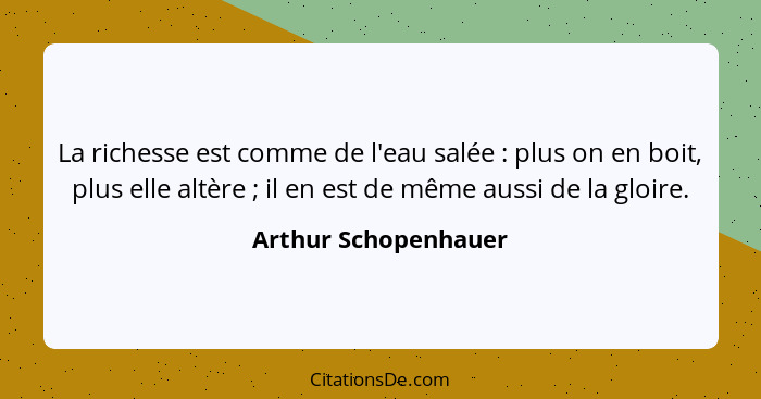 La richesse est comme de l'eau salée : plus on en boit, plus elle altère ; il en est de même aussi de la gloire.... - Arthur Schopenhauer