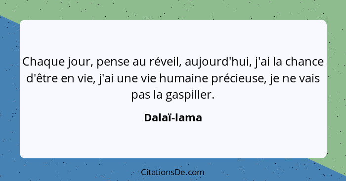 Chaque jour, pense au réveil, aujourd'hui, j'ai la chance d'être en vie, j'ai une vie humaine précieuse, je ne vais pas la gaspiller.... - Dalaï-lama