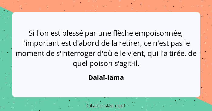 Si l'on est blessé par une flèche empoisonnée, l'important est d'abord de la retirer, ce n'est pas le moment de s'interroger d'où elle vi... - Dalaï-lama