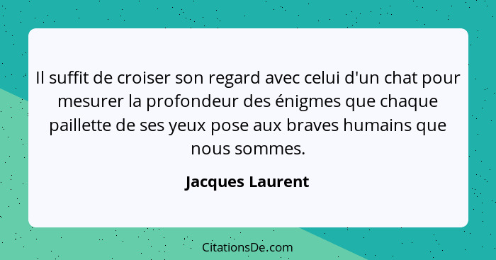Il suffit de croiser son regard avec celui d'un chat pour mesurer la profondeur des énigmes que chaque paillette de ses yeux pose au... - Jacques Laurent