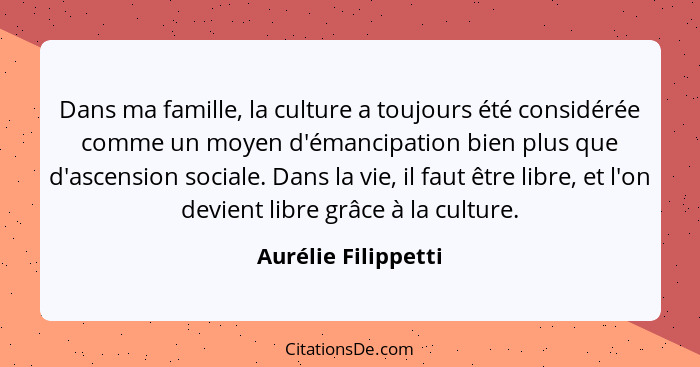 Dans ma famille, la culture a toujours été considérée comme un moyen d'émancipation bien plus que d'ascension sociale. Dans la vi... - Aurélie Filippetti