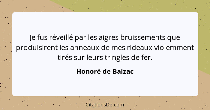 Je fus réveillé par les aigres bruissements que produisirent les anneaux de mes rideaux violemment tirés sur leurs tringles de fer.... - Honoré de Balzac