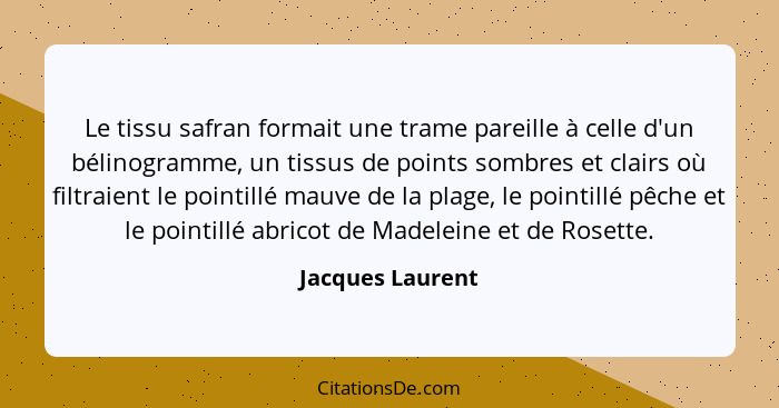 Le tissu safran formait une trame pareille à celle d'un bélinogramme, un tissus de points sombres et clairs où filtraient le pointil... - Jacques Laurent