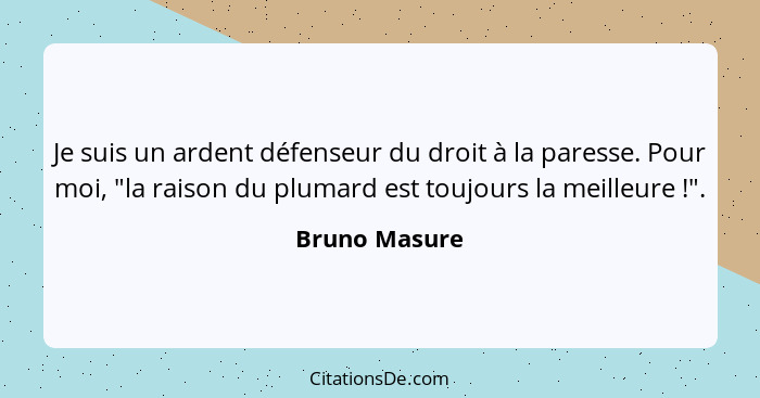 Je suis un ardent défenseur du droit à la paresse. Pour moi, "la raison du plumard est toujours la meilleure !".... - Bruno Masure