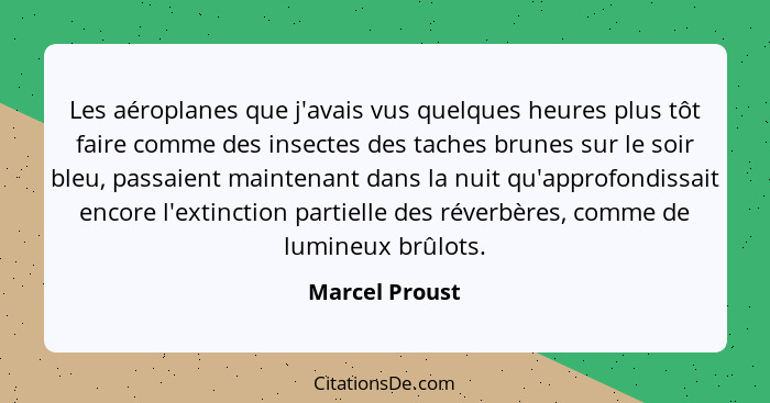 Les aéroplanes que j'avais vus quelques heures plus tôt faire comme des insectes des taches brunes sur le soir bleu, passaient mainten... - Marcel Proust