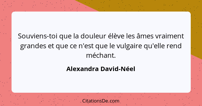 Souviens-toi que la douleur élève les âmes vraiment grandes et que ce n'est que le vulgaire qu'elle rend méchant.... - Alexandra David-Néel