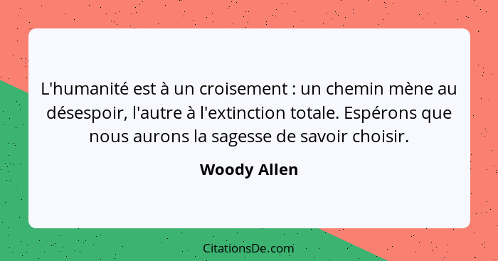 L'humanité est à un croisement : un chemin mène au désespoir, l'autre à l'extinction totale. Espérons que nous aurons la sagesse de... - Woody Allen