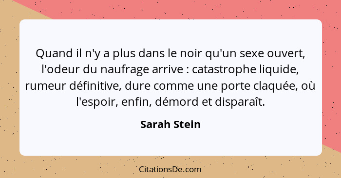 Quand il n'y a plus dans le noir qu'un sexe ouvert, l'odeur du naufrage arrive : catastrophe liquide, rumeur définitive, dure comme... - Sarah Stein