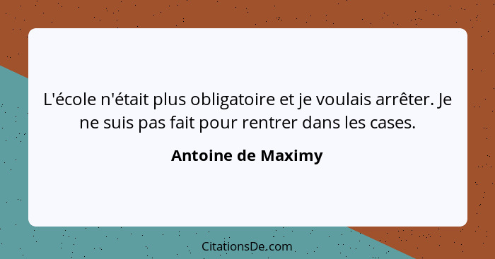 L'école n'était plus obligatoire et je voulais arrêter. Je ne suis pas fait pour rentrer dans les cases.... - Antoine de Maximy