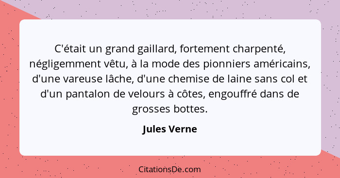 C'était un grand gaillard, fortement charpenté, négligemment vêtu, à la mode des pionniers américains, d'une vareuse lâche, d'une chemis... - Jules Verne