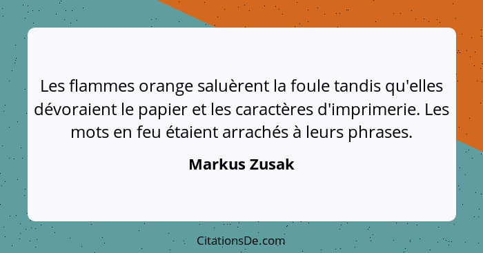 Les flammes orange saluèrent la foule tandis qu'elles dévoraient le papier et les caractères d'imprimerie. Les mots en feu étaient arra... - Markus Zusak