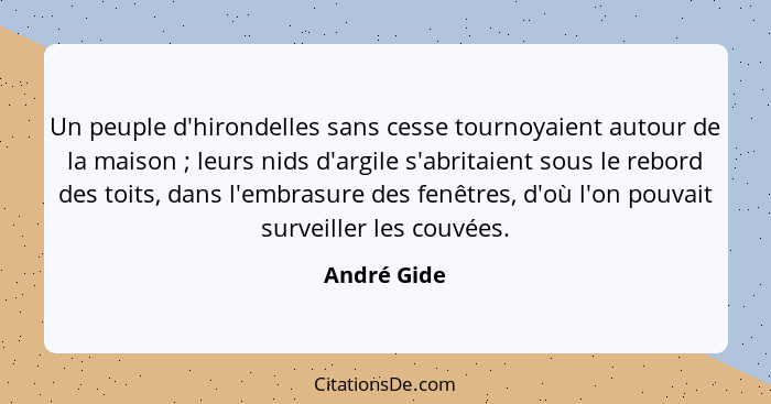 Un peuple d'hirondelles sans cesse tournoyaient autour de la maison ; leurs nids d'argile s'abritaient sous le rebord des toits, dan... - André Gide