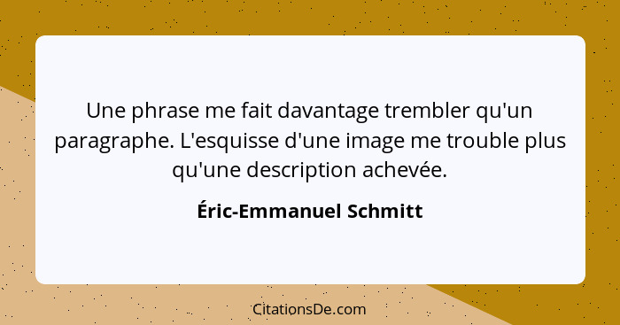 Une phrase me fait davantage trembler qu'un paragraphe. L'esquisse d'une image me trouble plus qu'une description achevée.... - Éric-Emmanuel Schmitt