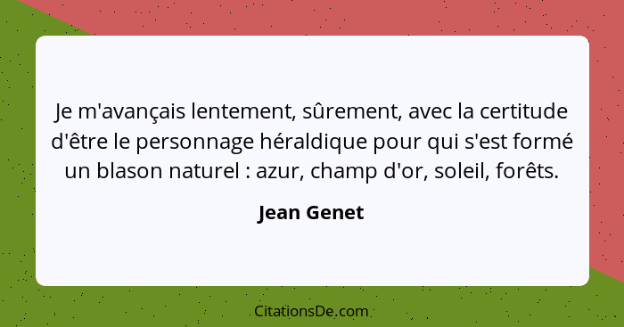 Je m'avançais lentement, sûrement, avec la certitude d'être le personnage héraldique pour qui s'est formé un blason naturel : azur,... - Jean Genet