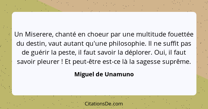 Un Miserere, chanté en choeur par une multitude fouettée du destin, vaut autant qu'une philosophie. Il ne suffit pas de guérir la... - Miguel de Unamuno