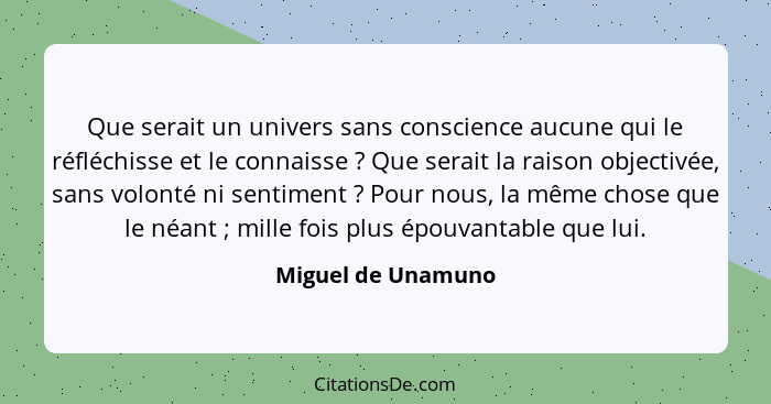 Que serait un univers sans conscience aucune qui le réfléchisse et le connaisse ? Que serait la raison objectivée, sans volon... - Miguel de Unamuno