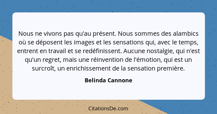 Nous ne vivons pas qu'au présent. Nous sommes des alambics où se déposent les images et les sensations qui, avec le temps, entrent e... - Belinda Cannone