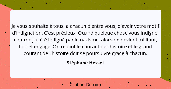 Je vous souhaite à tous, à chacun d'entre vous, d'avoir votre motif d'indignation. C'est précieux. Quand quelque chose vous indigne,... - Stéphane Hessel