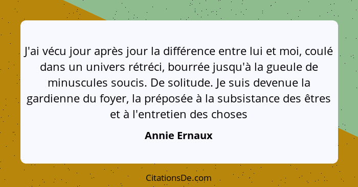 J'ai vécu jour après jour la différence entre lui et moi, coulé dans un univers rétréci, bourrée jusqu'à la gueule de minuscules soucis... - Annie Ernaux