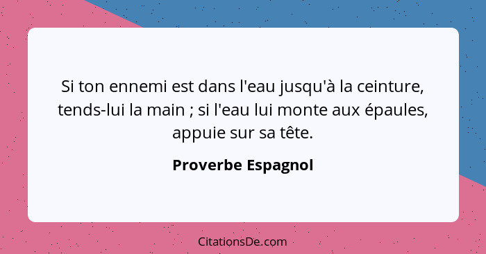 Si ton ennemi est dans l'eau jusqu'à la ceinture, tends-lui la main ; si l'eau lui monte aux épaules, appuie sur sa tête.... - Proverbe Espagnol