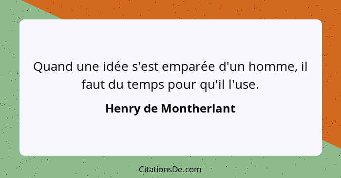 Quand une idée s'est emparée d'un homme, il faut du temps pour qu'il l'use.... - Henry de Montherlant