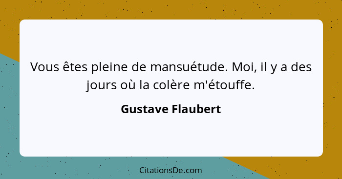 Vous êtes pleine de mansuétude. Moi, il y a des jours où la colère m'étouffe.... - Gustave Flaubert