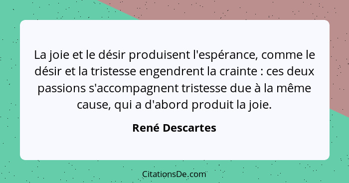 La joie et le désir produisent l'espérance, comme le désir et la tristesse engendrent la crainte : ces deux passions s'accompagn... - René Descartes