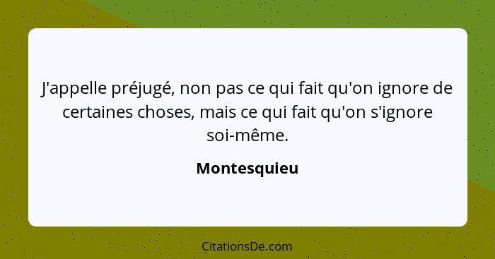 J'appelle préjugé, non pas ce qui fait qu'on ignore de certaines choses, mais ce qui fait qu'on s'ignore soi-même.... - Montesquieu