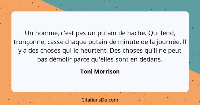 Un homme, c'est pas un putain de hache. Qui fend, tronçonne, casse chaque putain de minute de la journée. Il y a des choses qui le heu... - Toni Morrison