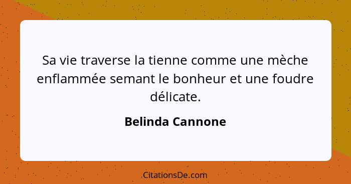 Sa vie traverse la tienne comme une mèche enflammée semant le bonheur et une foudre délicate.... - Belinda Cannone