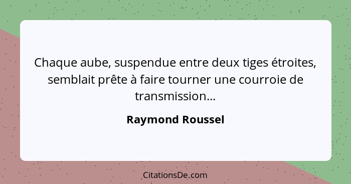 Chaque aube, suspendue entre deux tiges étroites, semblait prête à faire tourner une courroie de transmission...... - Raymond Roussel