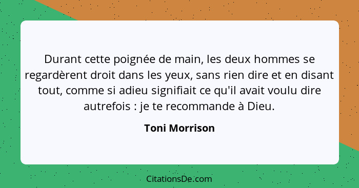 Durant cette poignée de main, les deux hommes se regardèrent droit dans les yeux, sans rien dire et en disant tout, comme si adieu sig... - Toni Morrison