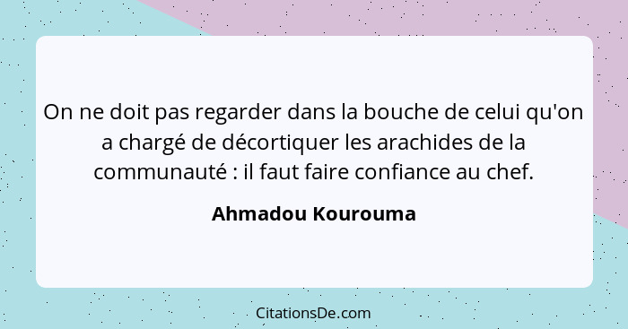 On ne doit pas regarder dans la bouche de celui qu'on a chargé de décortiquer les arachides de la communauté : il faut faire c... - Ahmadou Kourouma