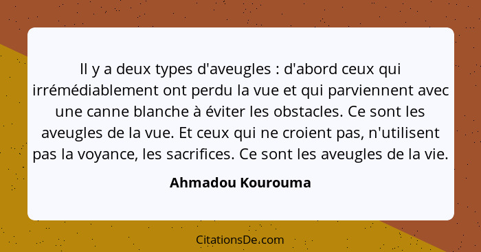 Il y a deux types d'aveugles : d'abord ceux qui irrémédiablement ont perdu la vue et qui parviennent avec une canne blanche à... - Ahmadou Kourouma