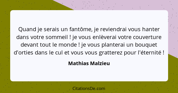 Quand je serais un fantôme, je reviendrai vous hanter dans votre sommeil ! je vous enlèverai votre couverture devant tout le mo... - Mathias Malzieu