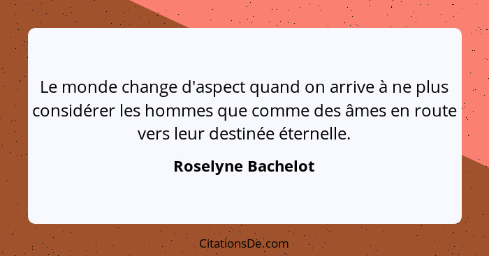 Le monde change d'aspect quand on arrive à ne plus considérer les hommes que comme des âmes en route vers leur destinée éternelle.... - Roselyne Bachelot