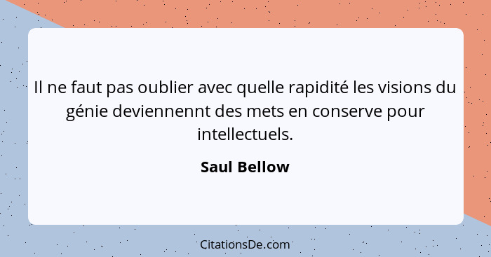 Il ne faut pas oublier avec quelle rapidité les visions du génie deviennennt des mets en conserve pour intellectuels.... - Saul Bellow