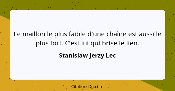 Le maillon le plus faible d'une chaîne est aussi le plus fort. C'est lui qui brise le lien.... - Stanislaw Jerzy Lec