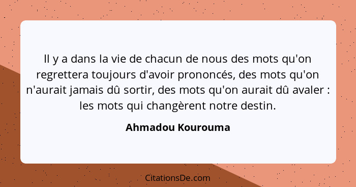 Il y a dans la vie de chacun de nous des mots qu'on regrettera toujours d'avoir prononcés, des mots qu'on n'aurait jamais dû sortir... - Ahmadou Kourouma