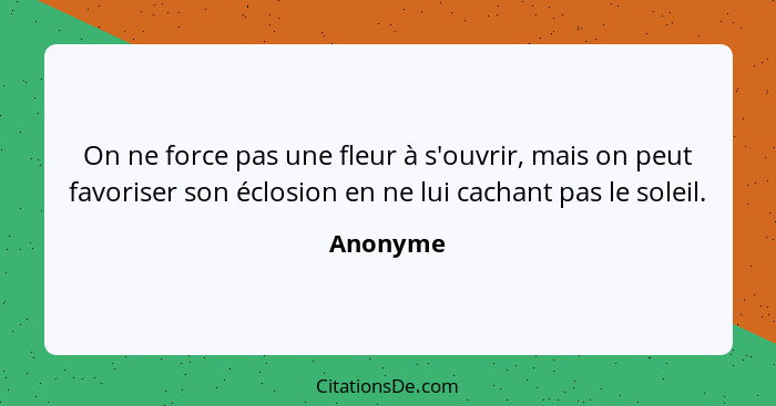 On ne force pas une fleur à s'ouvrir, mais on peut favoriser son éclosion en ne lui cachant pas le soleil.... - Anonyme