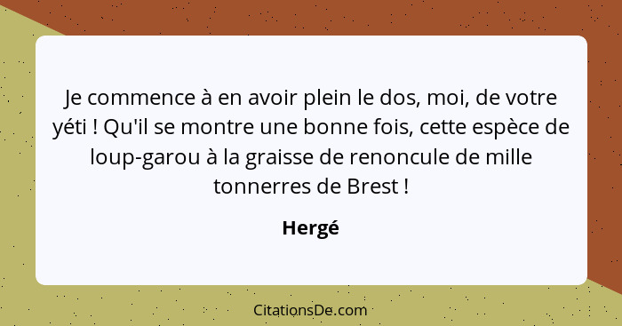 Je commence à en avoir plein le dos, moi, de votre yéti ! Qu'il se montre une bonne fois, cette espèce de loup-garou à la graisse de reno... - Hergé